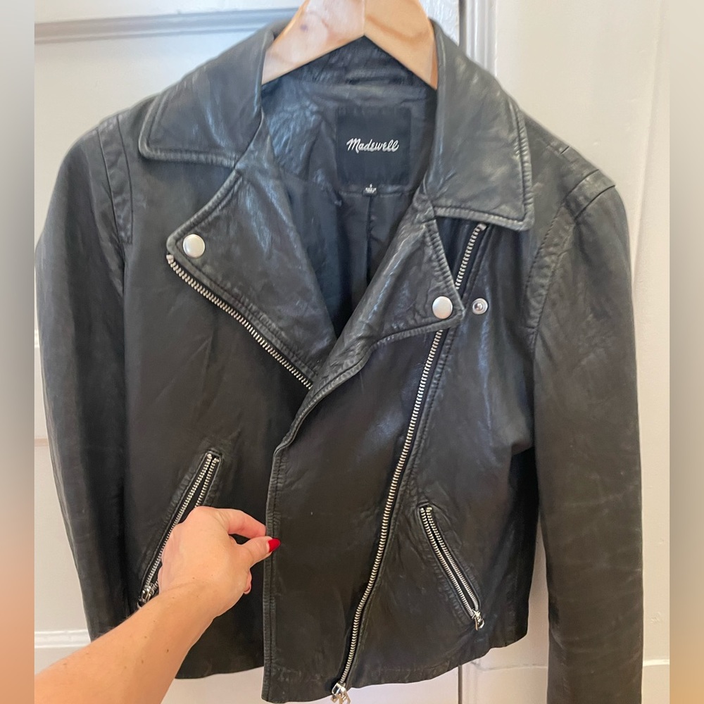Madewell black washed leather motorcycle jacket size small - Picture 3 of 6